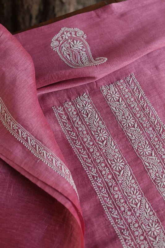 Dark Pink Linen Chikankari Unstitched Men's Kurtas Fabric