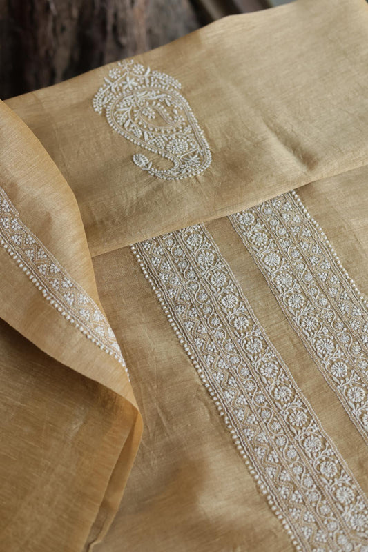 Beige Linen Chikankari Unstitched Men's Kurtas Fabric