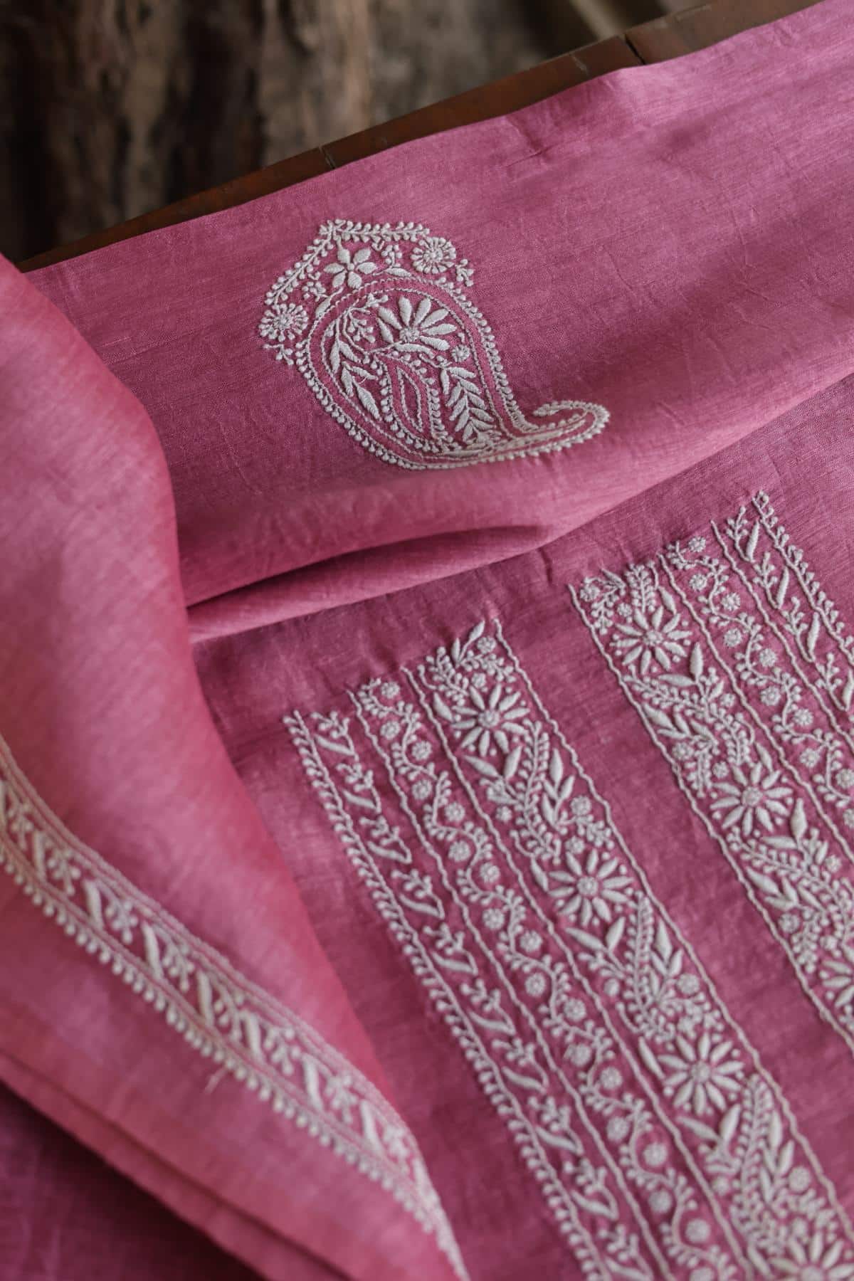 Dark Pink Linen Chikankari Unstitched Men's Kurtas Fabric