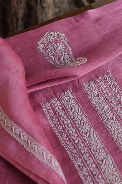 Dark Pink Linen Chikankari Unstitched Men's Kurtas Fabric