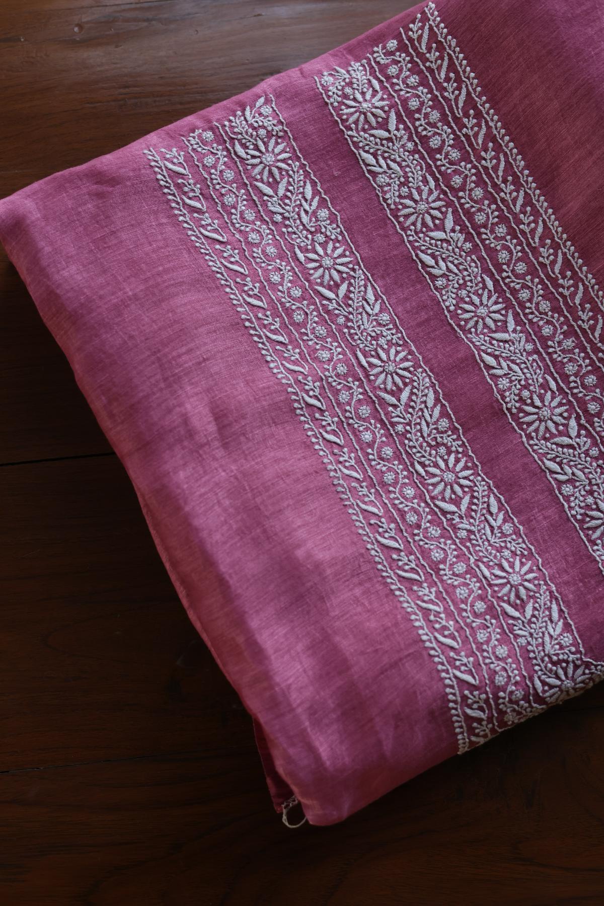 Dark Pink Linen Chikankari Unstitched Men's Kurtas Fabric