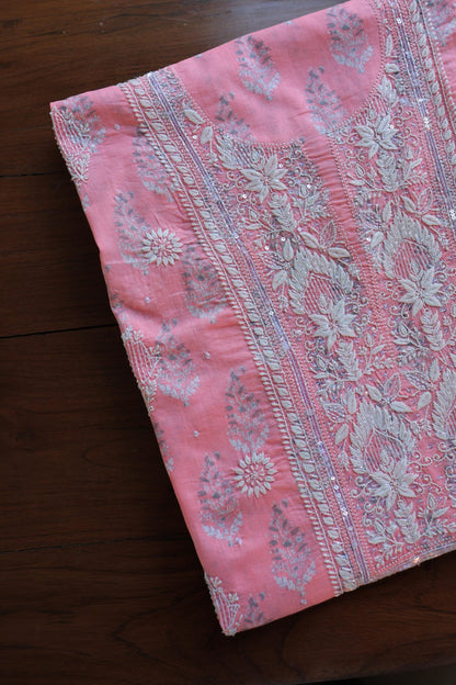 Lotus Pink Cotton Chikankari Unstitched Kurta Fabrics