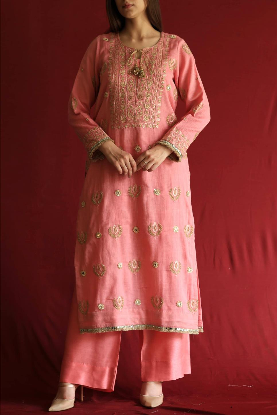 Lotus Pink Kota Mirror Chikankari Ready to Wear Kurta Set