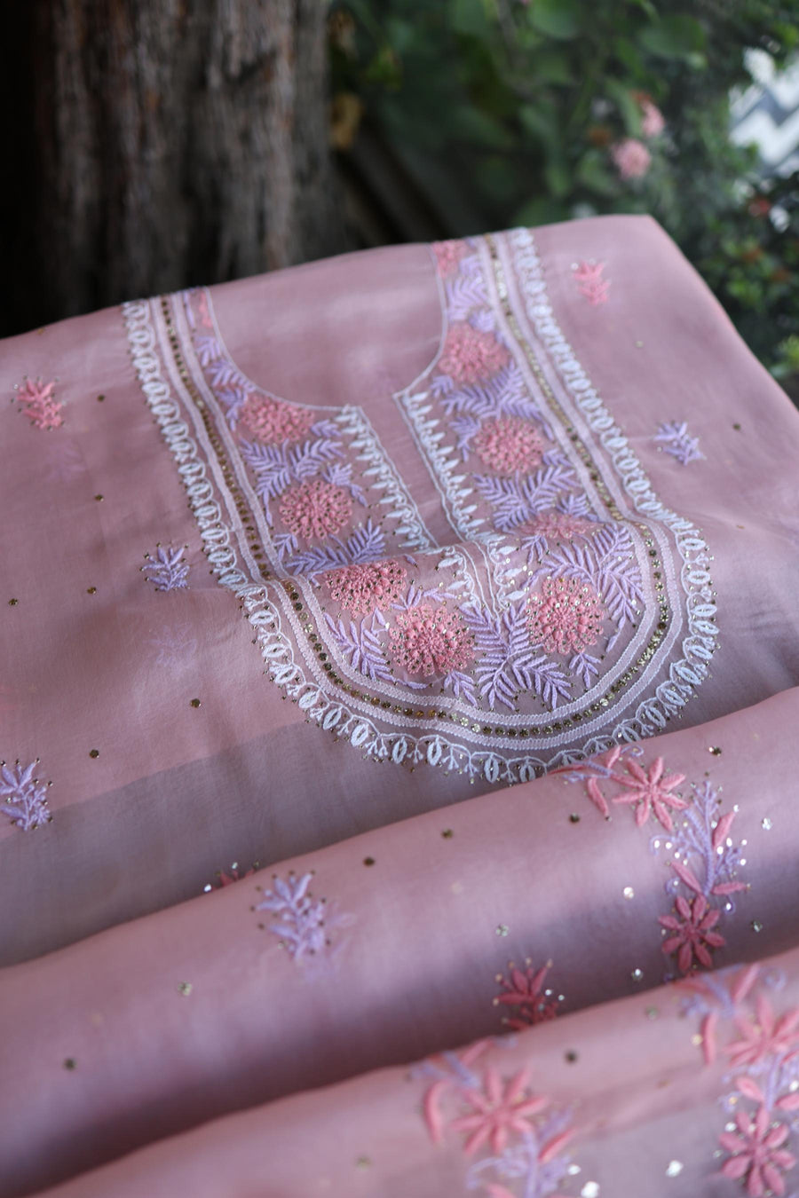 Lotus Pink Noor Organza Silk Chikankari With Kamdani Unstitched Fabric