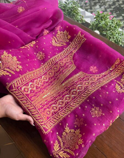 Magenta Noor Organza Silk Chikankari Unstitched Kurta Dupatta Set