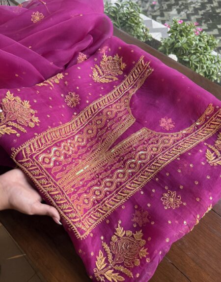 Magenta Noor Organza Silk Chikankari Unstitched Kurta Dupatta Set