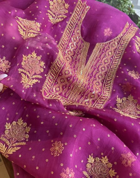 Magenta Noor Organza Silk Chikankari Unstitched Kurta Dupatta Set