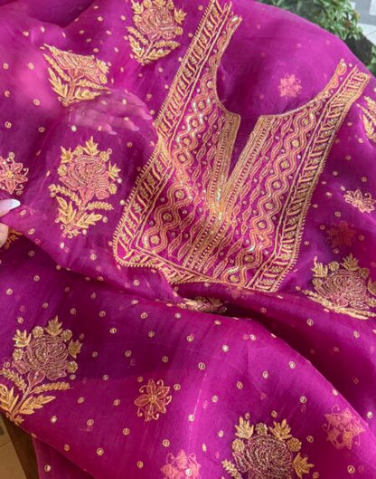 Magenta Noor Organza Silk Chikankari Unstitched Kurta Dupatta Set