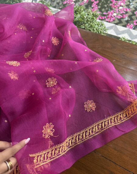 Magenta Noor Organza Silk Chikankari Unstitched Kurta Dupatta Set