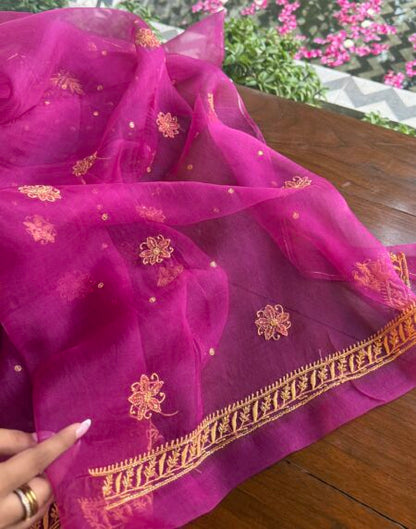 Magenta Noor Organza Silk Chikankari Unstitched Kurta Dupatta Set
