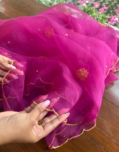 Magenta Noor Organza Silk Chikankari Unstitched Kurta Dupatta Set