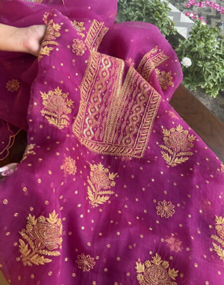 Magenta Noor Organza Silk Chikankari Unstitched Kurta Dupatta Set
