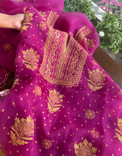 Magenta Noor Organza Silk Chikankari Unstitched Kurta Dupatta Set