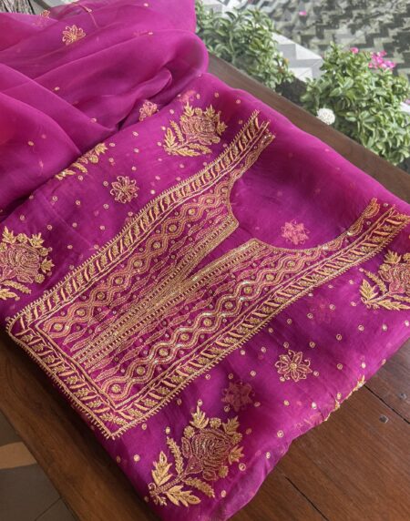 Magenta Noor Organza Silk Chikankari Unstitched Kurta Dupatta Set
