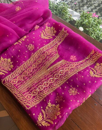 Magenta Noor Organza Silk Chikankari Unstitched Kurta Dupatta Set
