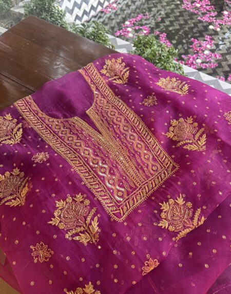 Magenta Noor Organza Silk Chikankari Unstitched Kurta Dupatta Set