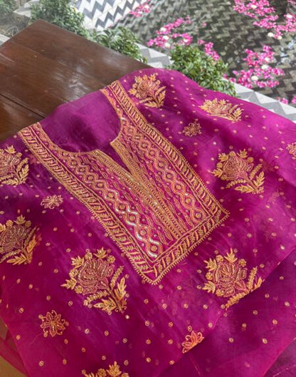 Magenta Noor Organza Silk Chikankari Unstitched Kurta Dupatta Set