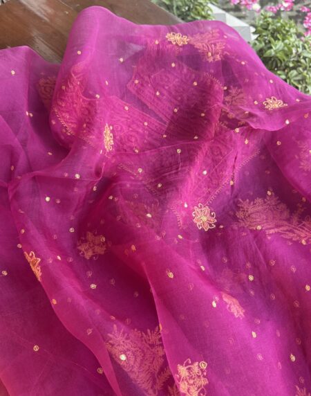 Magenta Noor Organza Silk Chikankari Unstitched Kurta Dupatta Set
