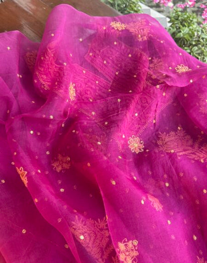 Magenta Noor Organza Silk Chikankari Unstitched Kurta Dupatta Set