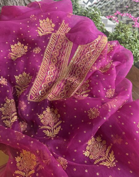 Magenta Noor Organza Silk Chikankari Unstitched Kurta Dupatta Set
