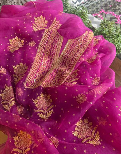 Magenta Noor Organza Silk Chikankari Unstitched Kurta Dupatta Set