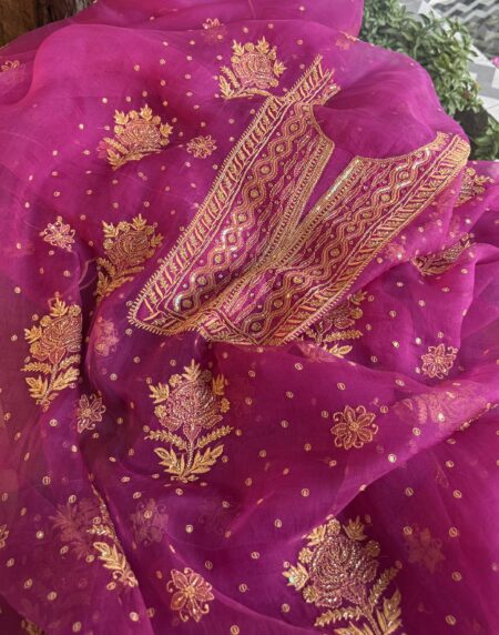Magenta Noor Organza Silk Chikankari Unstitched Kurta Dupatta Set