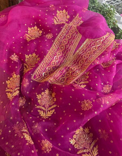 Magenta Noor Organza Silk Chikankari Unstitched Kurta Dupatta Set