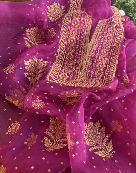 Magenta Noor Organza Silk Chikankari Unstitched Kurta Dupatta Set