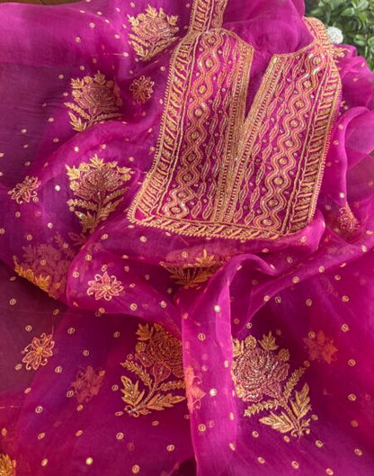 Magenta Noor Organza Silk Chikankari Unstitched Kurta Dupatta Set