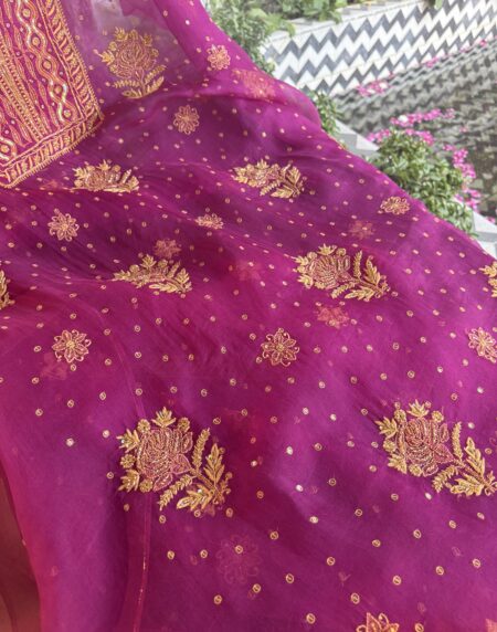 Magenta Noor Organza Silk Chikankari Unstitched Kurta Dupatta Set