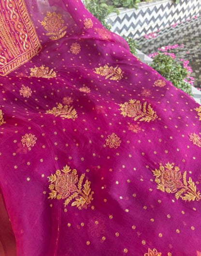 Magenta Noor Organza Silk Chikankari Unstitched Kurta Dupatta Set