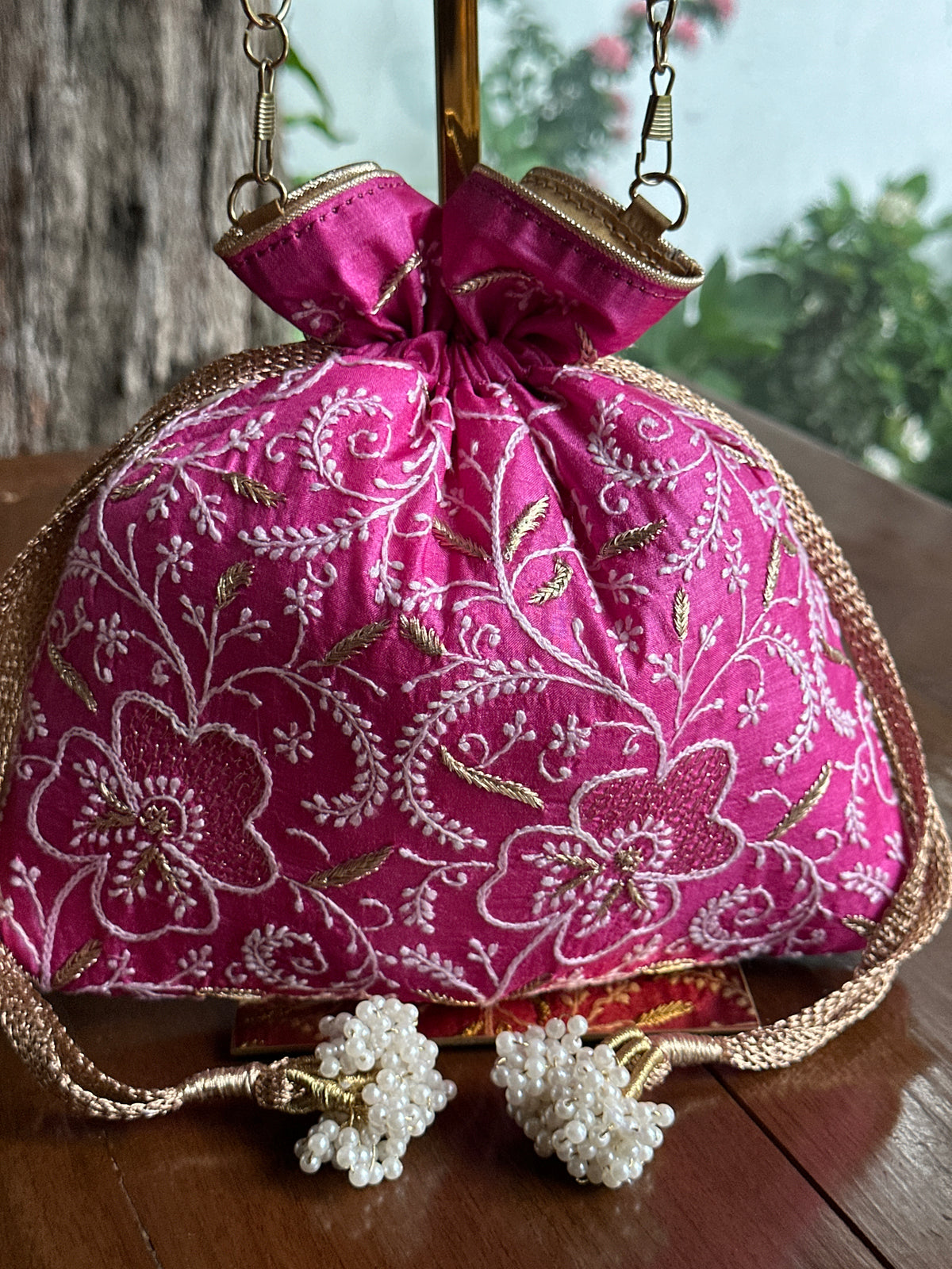 Magenta Pink Tussar Silk Chikankari Ari & Kasab Work Potli Bag