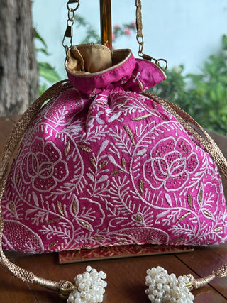 Magenta Pink Tussar Silk Chikankari Ari & Kasab Work Potli Bag