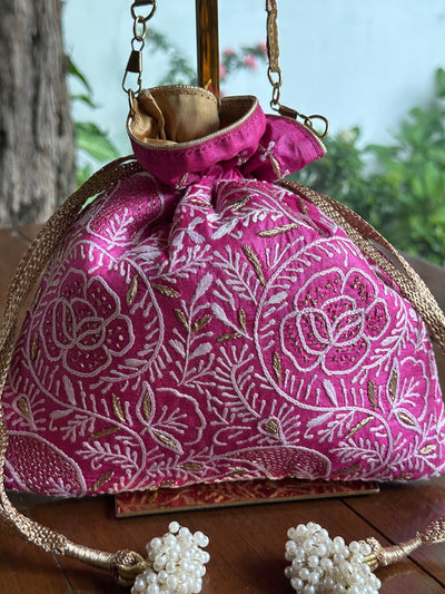 Magenta Pink Tussar Silk Chikankari Ari & Kasab Work Potli Bag