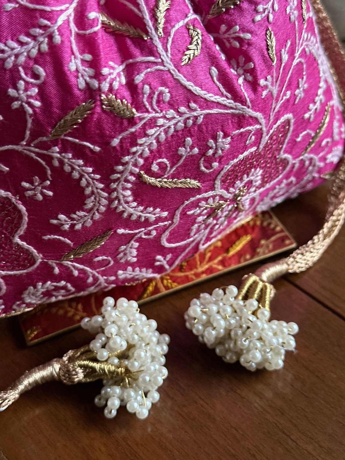 Magenta Pink Tussar Silk Chikankari Ari & Kasab Work Potli Bag