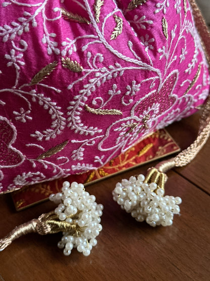 Magenta Pink Tussar Silk Chikankari Ari & Kasab Work Potli Bag