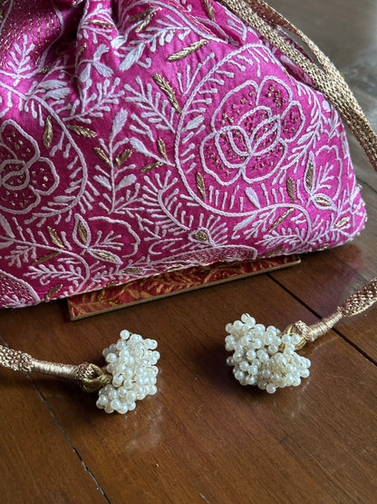 Magenta Pink Tussar Silk Chikankari Ari & Kasab Work Potli Bag