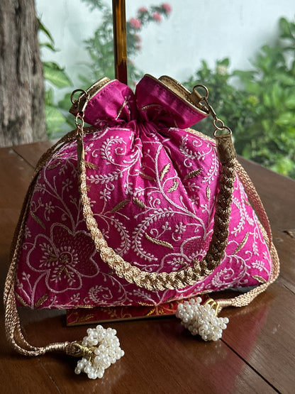 Magenta Pink Tussar Silk Chikankari Ari & Kasab Work Potli Bag