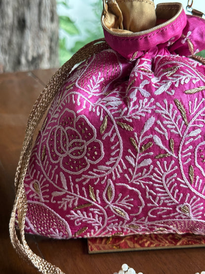 Magenta Pink Tussar Silk Chikankari Ari & Kasab Work Potli Bag