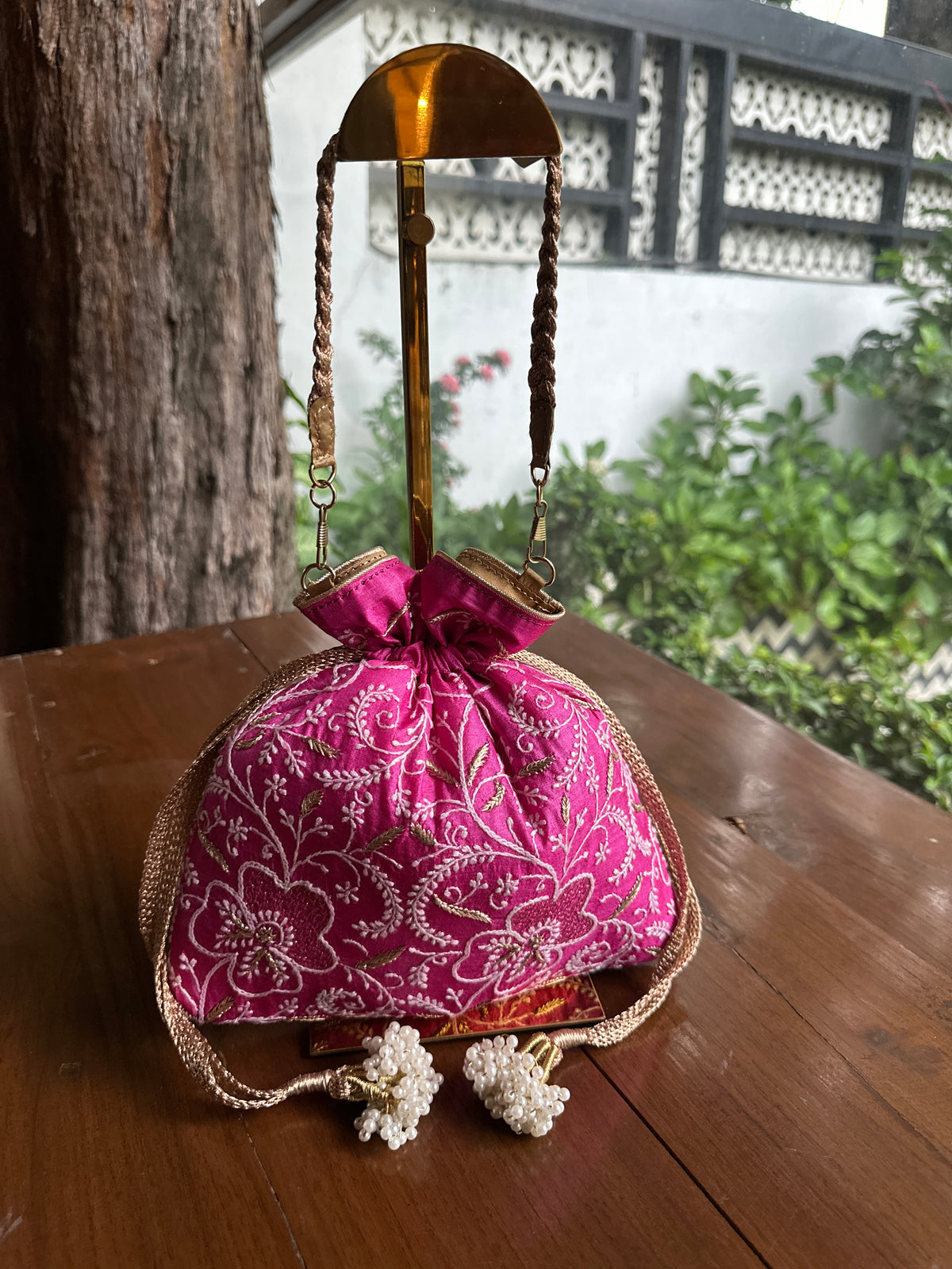 Magenta Pink Tussar Silk Chikankari Ari & Kasab Work Potli Bag