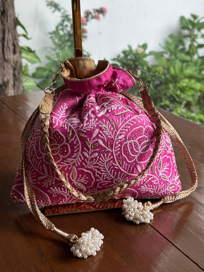 Magenta Pink Tussar Silk Chikankari Ari & Kasab Work Potli Bag