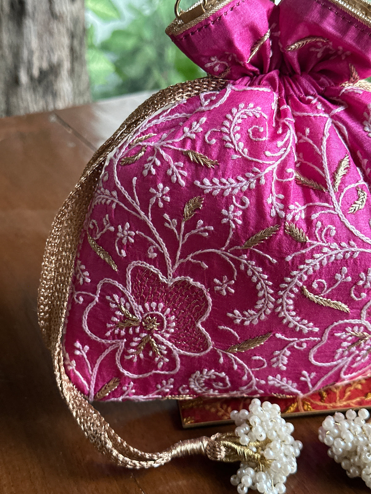 Magenta Pink Tussar Silk Chikankari Ari & Kasab Work Potli Bag
