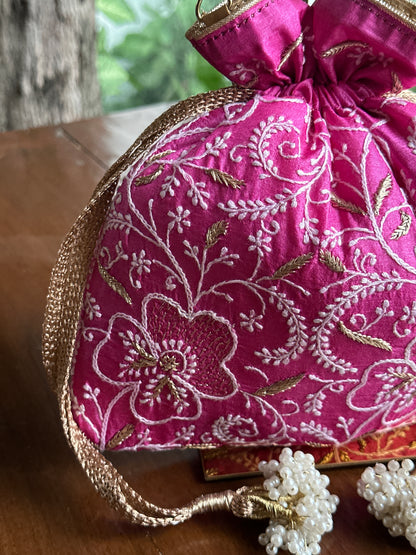 Magenta Pink Tussar Silk Chikankari Ari & Kasab Work Potli Bag