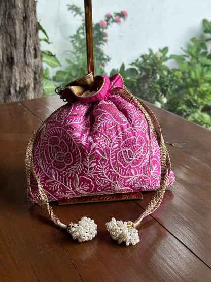 Magenta Pink Tussar Silk Chikankari Ari & Kasab Work Potli Bag