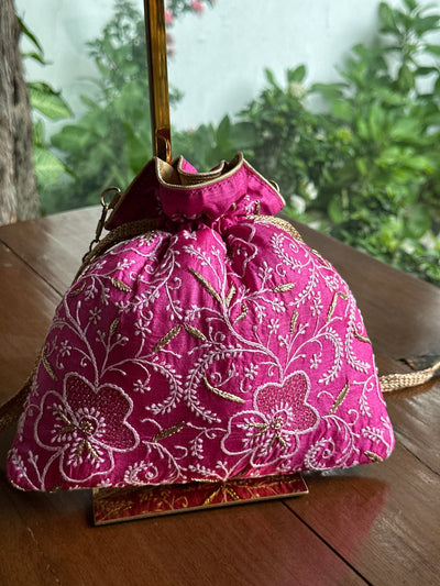 Magenta Pink Tussar Silk Chikankari Ari & Kasab Work Potli Bag