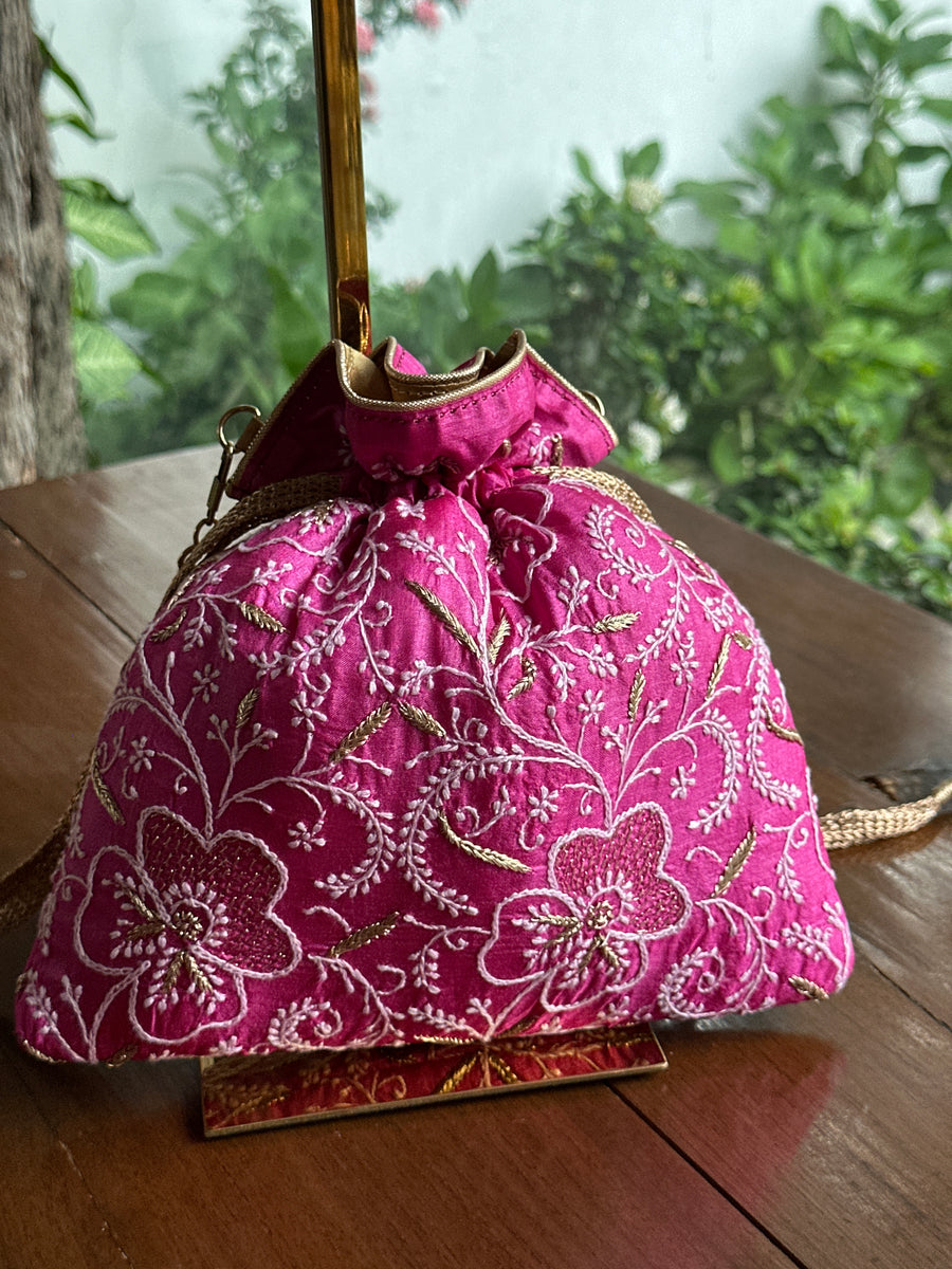 Magenta Pink Tussar Silk Chikankari Ari & Kasab Work Potli Bag