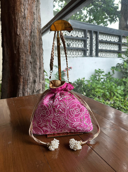 Magenta Pink Tussar Silk Chikankari Ari & Kasab Work Potli Bag