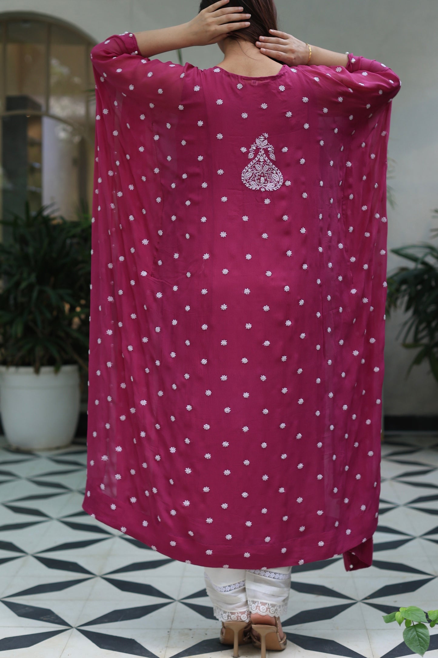Magenta Red | Chiffon Chikankari Kaftan
