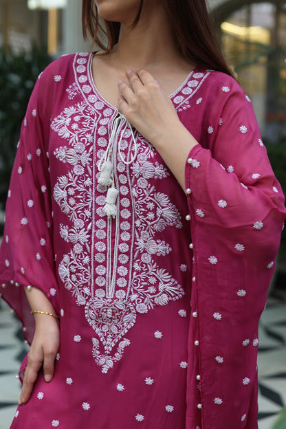 Magenta Red | Chiffon Chikankari Kaftan