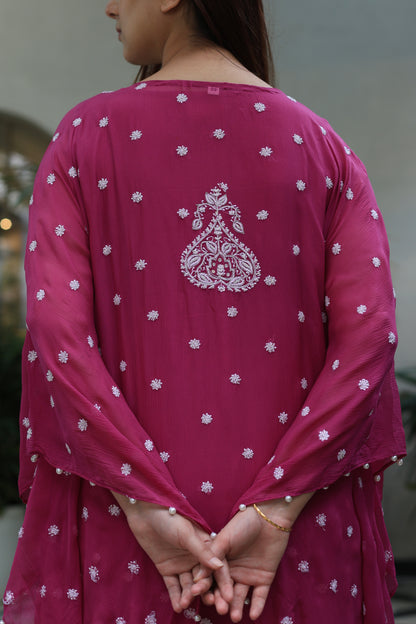 Magenta Red | Chiffon Chikankari Kaftan